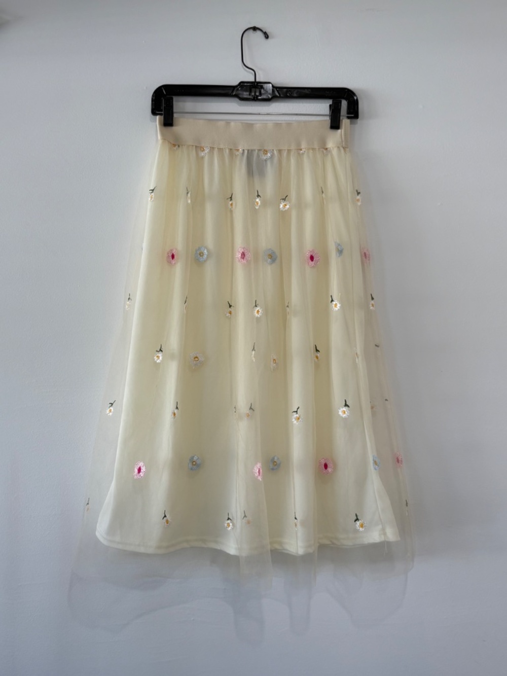 Metro Wear Cottagecore Floral Tulle Midi Skirt Cream Embroidered S